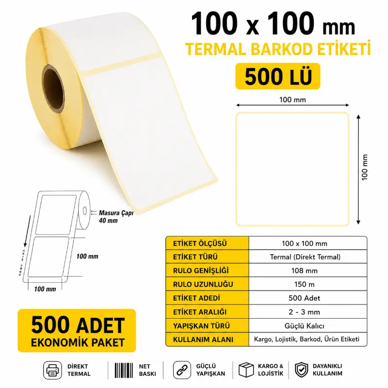 100x100mm Termal Barkod Etiketi 500 Lü(100100)
