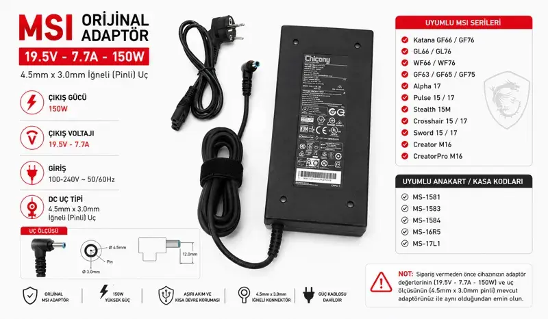 MSI Orijinal 19.5V 7.7A 150W Adaptör (4.5x3.0mm İğne Uç)