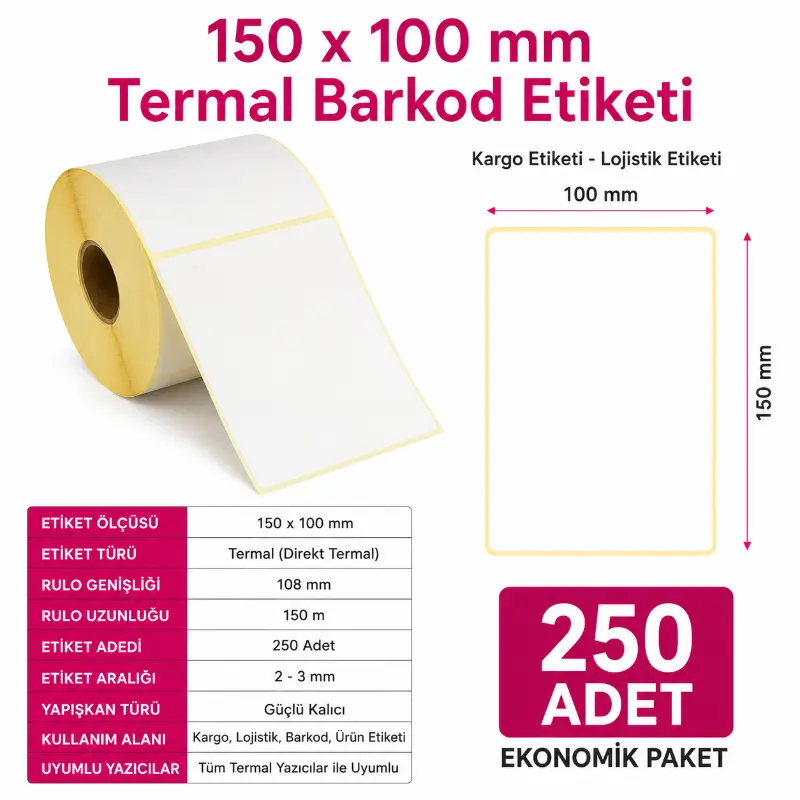 150X100mm 250 Lİ Termal Barkod Etiketi-Kargo Etiketi 150*100