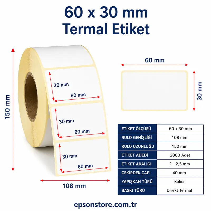 60X30mmTermal Barkod Etiketi 1000li sarım(6030)