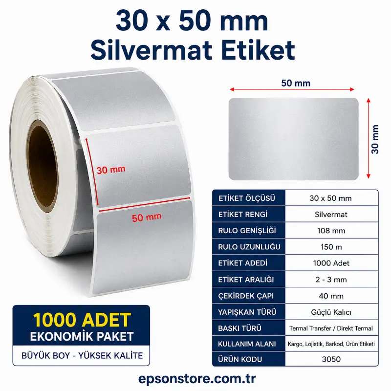 30X50 SİLVERMAT 1000 Lİ ETİKET 3050