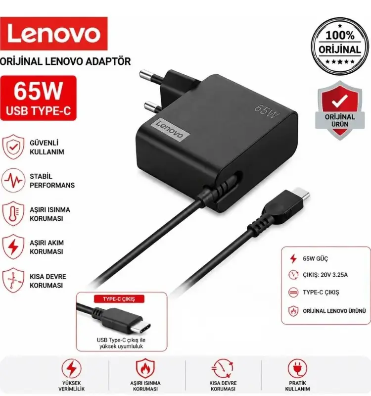 Lenovo 65W USB Type-C Orijinal Adaptör Şarj Aleti (20V 3.25A)