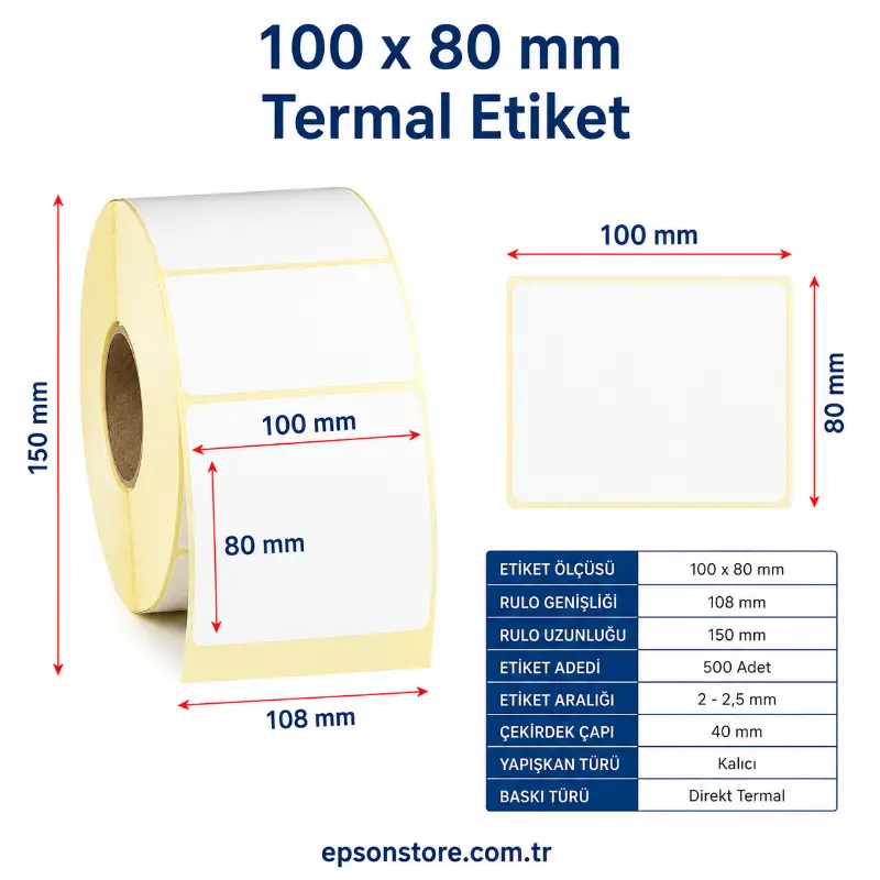 80x100 mm 500 LÜ termal etiket rulosu(80100)(8cm10cm)